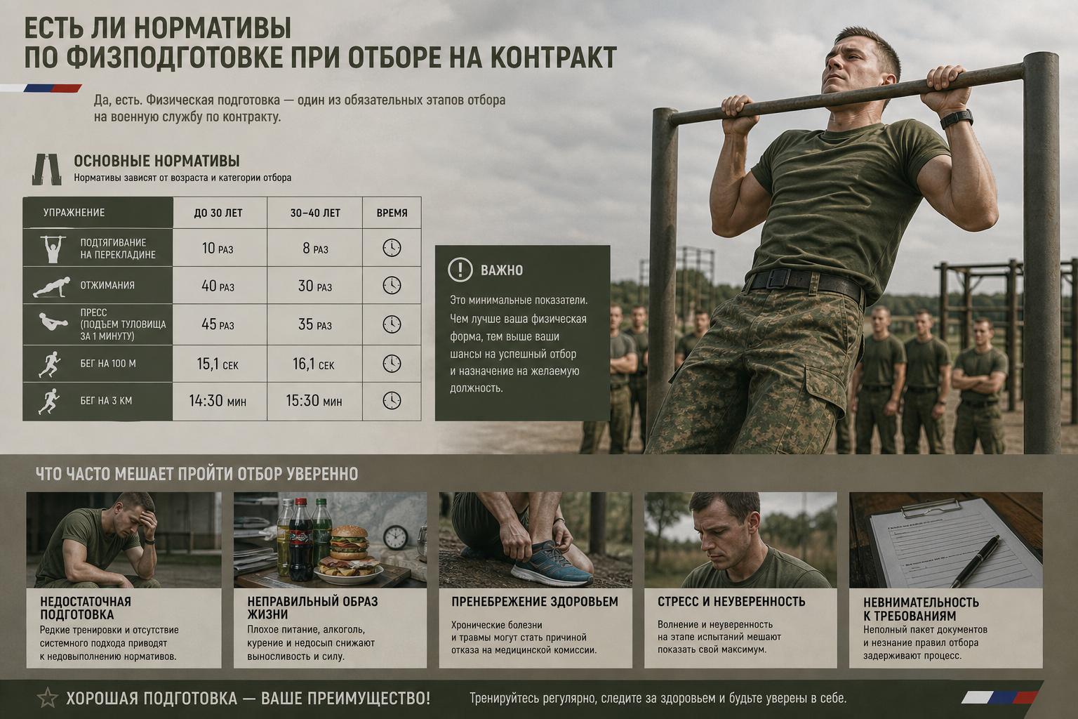 Есть ли нормативы по физподготовке при отборе на контракт. Что часто мешает пройти отбор уверенно Есть ли нормативы по физподготовке при отборе на контракт. Что часто мешает пройти отбор уверенно