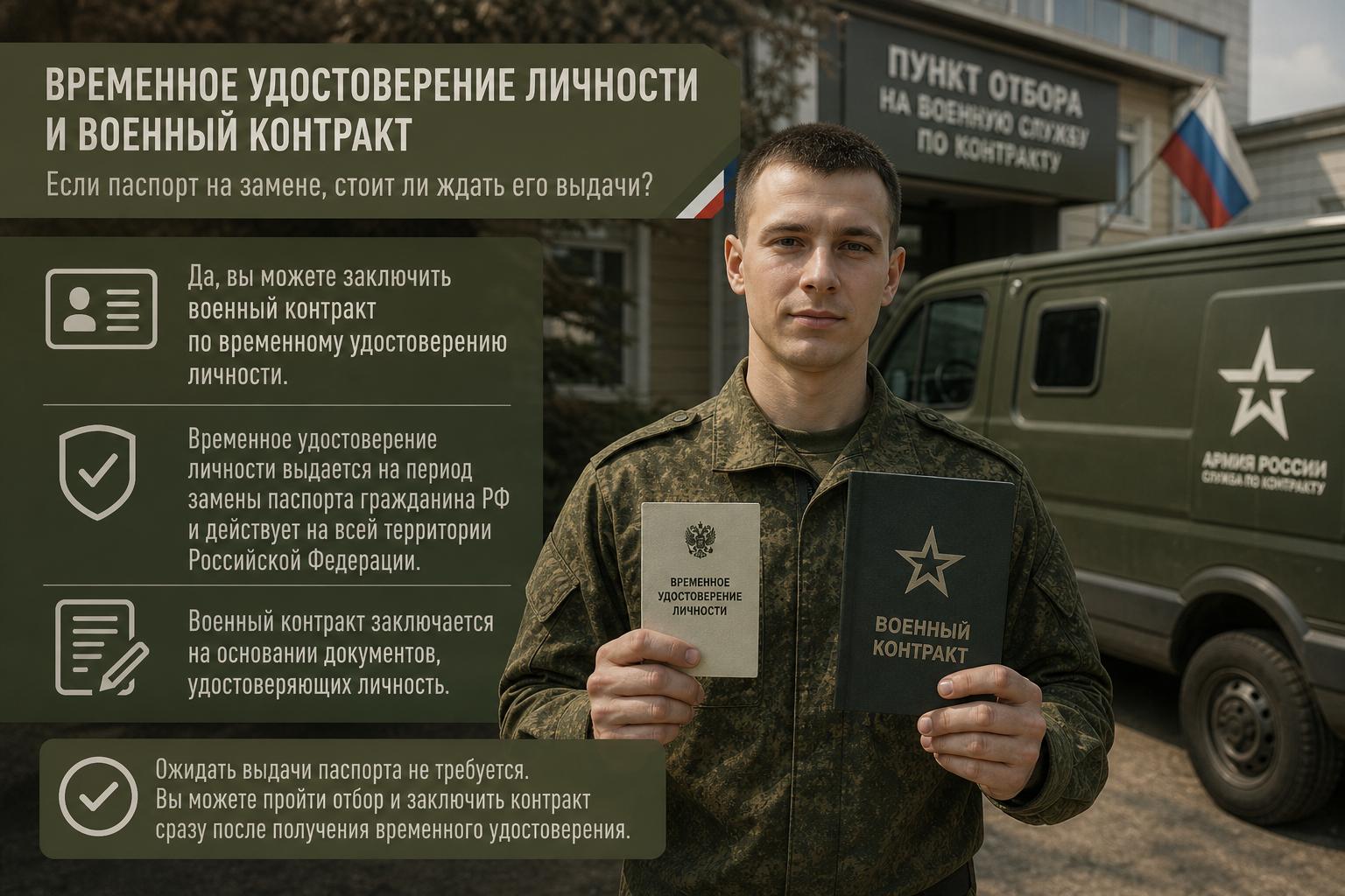 Временное удостоверение личности и военный контракт. Если паспорт на замене, стоит ли ждать его выдачи Временное удостоверение личности и военный контракт. Если паспорт на замене, стоит ли ждать его выдачи