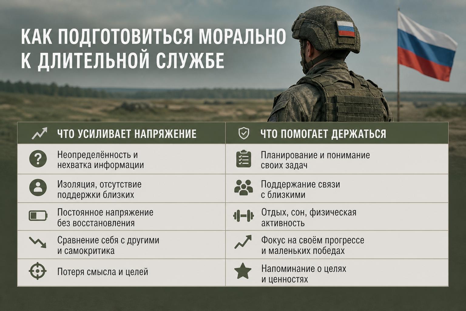 Как подготовиться морально к длительной службе. Короткая таблица: что усиливает напряжение, а что помогает держаться Как подготовиться морально к длительной службе. Короткая таблица: что усиливает напряжение, а что помогает держаться