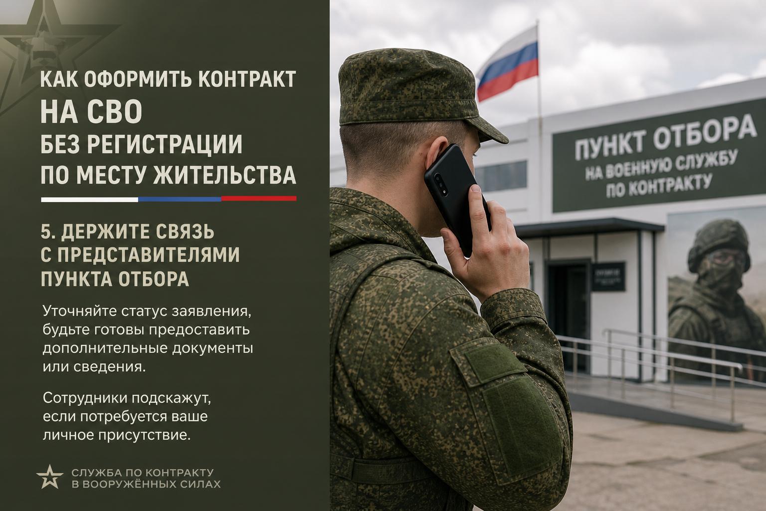 Как оформить контракт на СВО без регистрации по месту жительства. 5. Держите связь с представителями пункта отбора Как оформить контракт на СВО без регистрации по месту жительства. 5. Держите связь с представителями пункта отбора