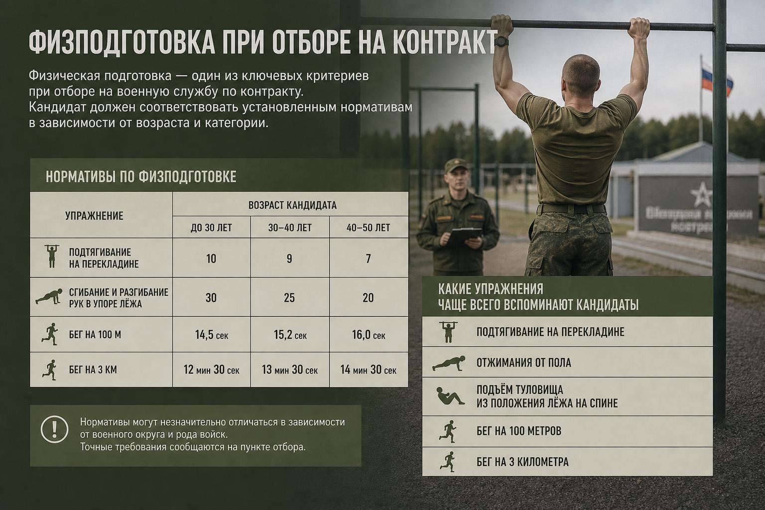 Есть ли нормативы по физподготовке при отборе на контракт. Какие упражнения чаще всего вспоминают кандидаты Есть ли нормативы по физподготовке при отборе на контракт. Какие упражнения чаще всего вспоминают кандидаты