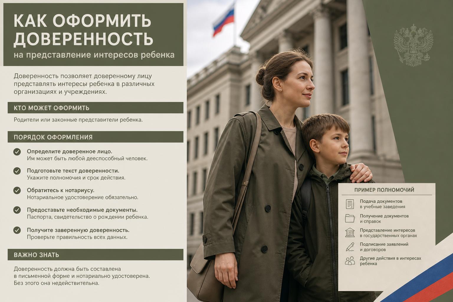 Как оформить доверенность на представление интересов ребенка, если один из родителей не может присутствовать