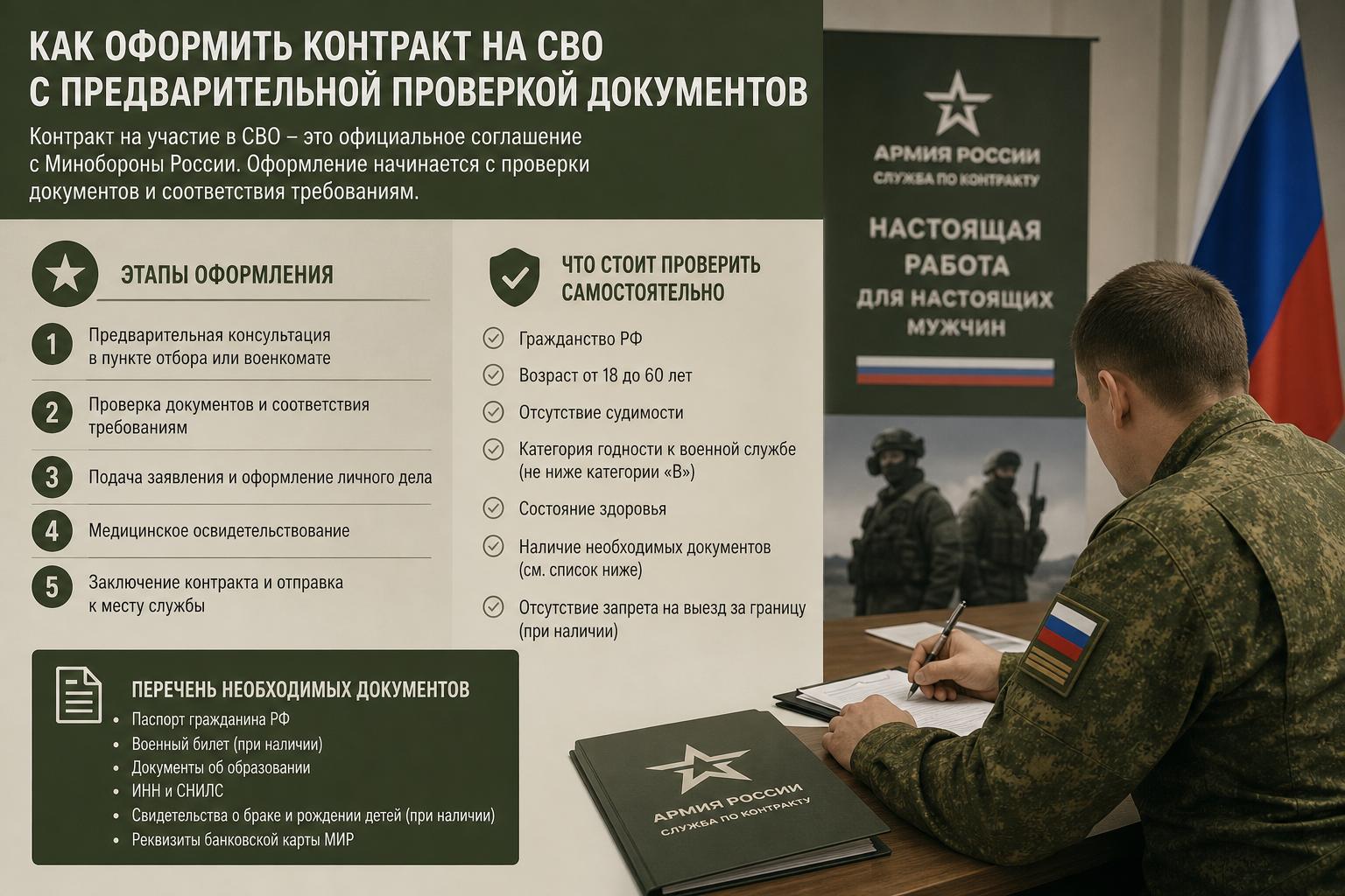 Как оформить контракт на СВО с предварительной проверкой документов. Что стоит проверить самостоятельно до обращения Как оформить контракт на СВО с предварительной проверкой документов. Что стоит проверить самостоятельно до обращения